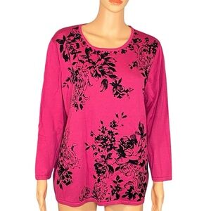 Alfred Dunner Pink and Black Floral Long Sleeve Top